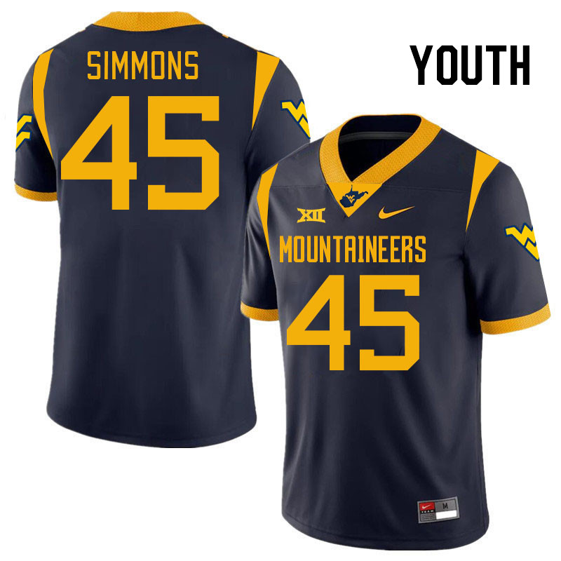 Youth #45 Taurus Simmons West Virginia Mountaineers College 2024 New Uniforms Football Jerseys Stitc